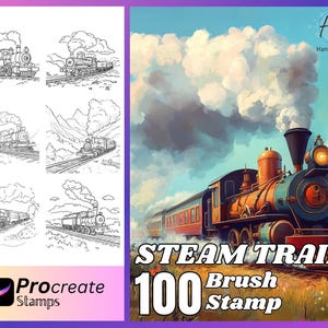 May include: A set of 100 Procreate stamps featuring black and white illustrations of steam trains. The stamps are designed for use in the Procreate app for digital art and illustration. The image also shows a colorful illustration of a steam train in a landscape setting.