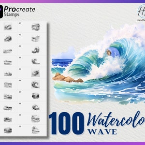 May include: A set of 100 watercolor wave Procreate stamps. The stamps are in black and white and feature various wave shapes and sizes. The image also includes a large watercolor painting of a blue wave crashing on a beach.