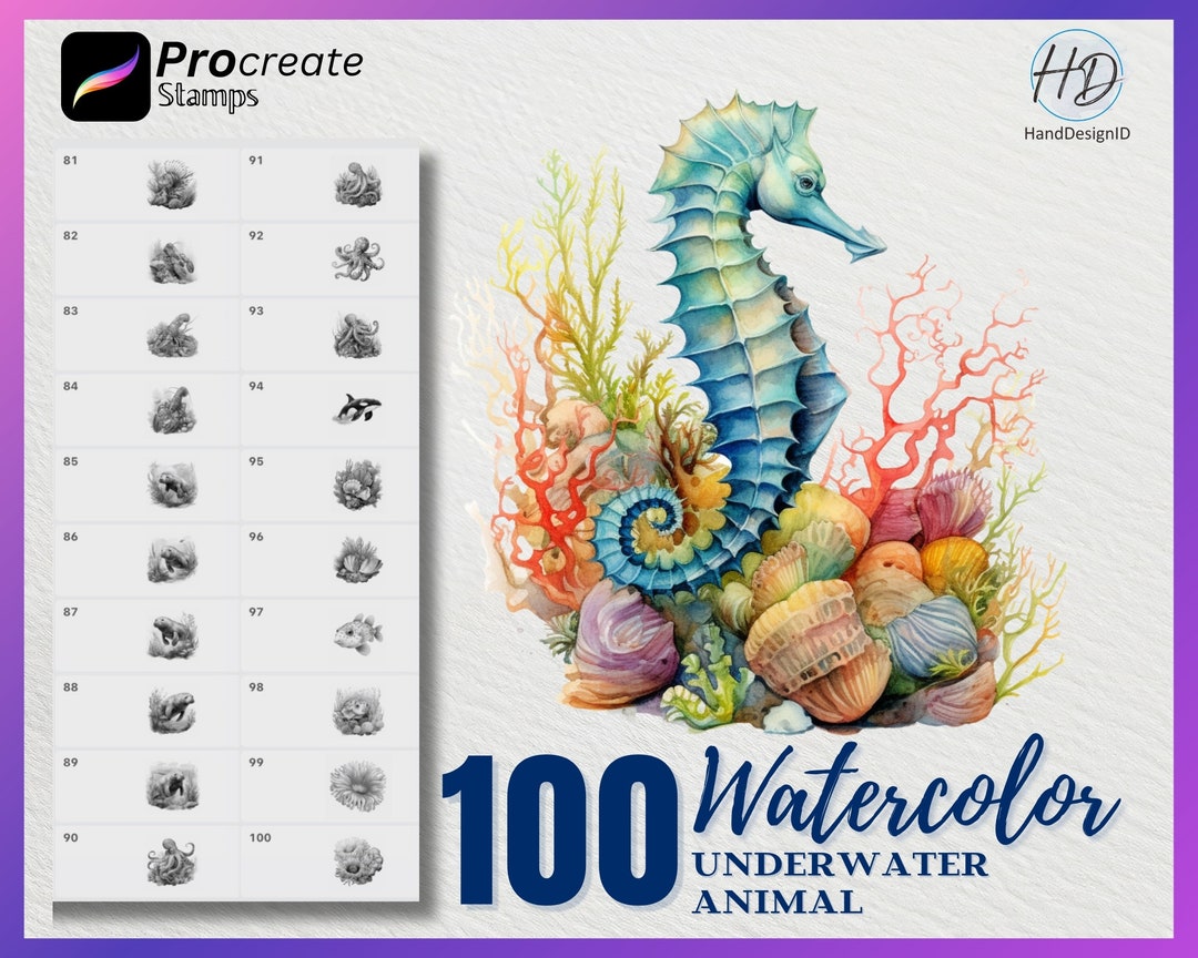 100 Watercolor Sea Animal Procreate Stamps (digital Download) - Etsy