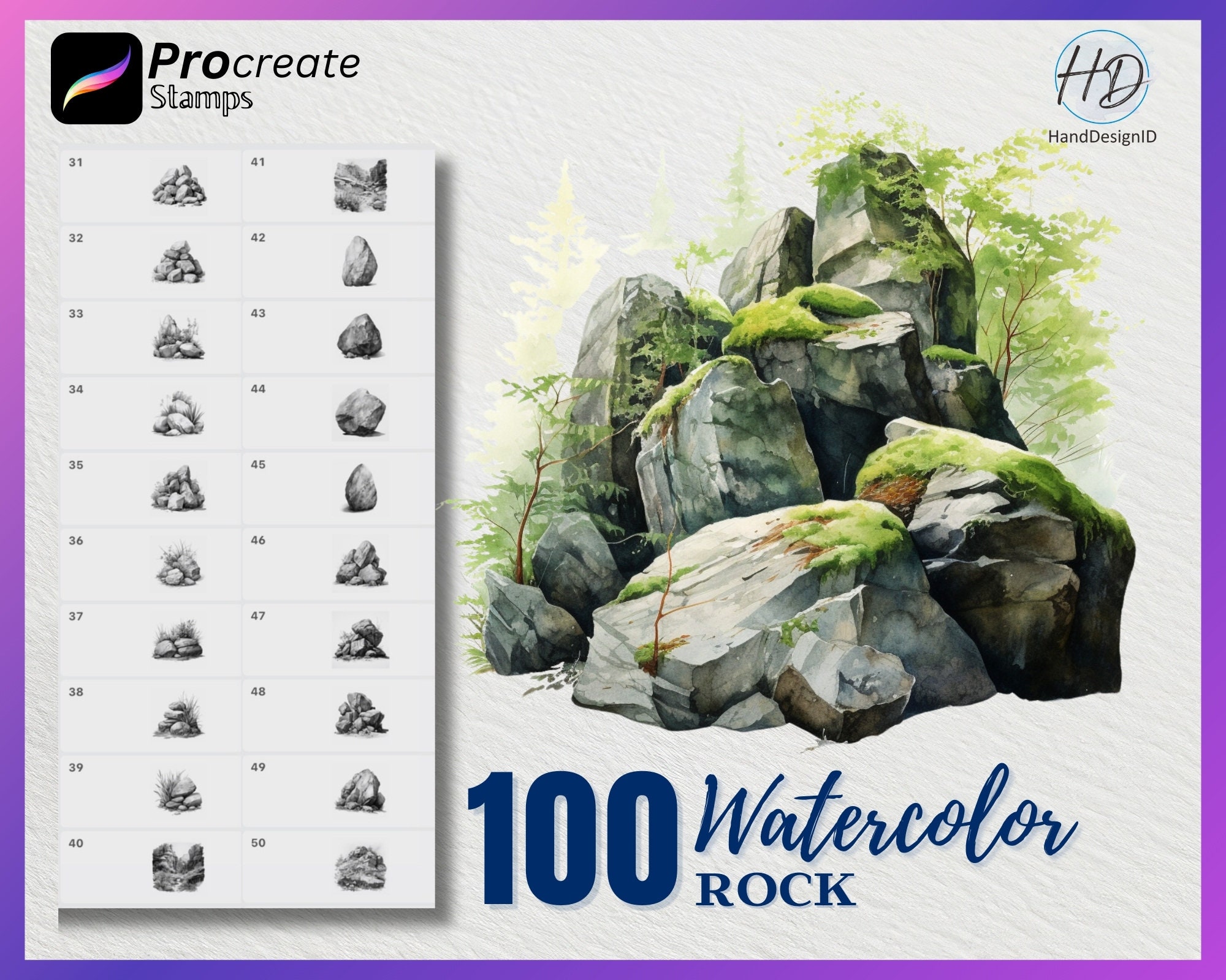 100 Procreate Watercolor Rock Stamps + Splash Set, Brushes & Papers | Texture Stamp Pack for iPad