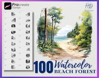 100 Watercolor Beach Forest Procreate Stamps, Brush Procreate stamp (Digital Download)