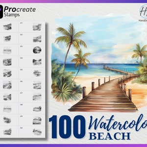 May include: A set of 100 watercolor beach themed Procreate stamps. The stamps feature a variety of beach scenes, including palm trees, beaches, and a pier. The stamps are in black and white and are ideal for adding a touch of beachy charm to your digital art.