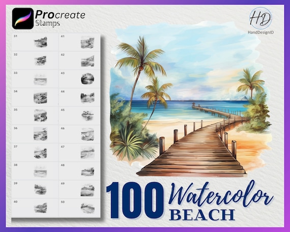 100 Watercolor Beach Procreate Stamps, Brush Procreate stamp (Digital Download)