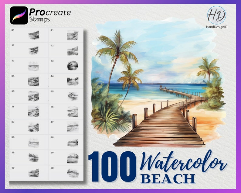 May include: A set of 100 watercolor beach themed Procreate stamps. The stamps feature a variety of beach scenes, including palm trees, beaches, and a pier. The stamps are in black and white and are ideal for adding a touch of beachy charm to your digital art.