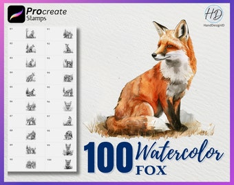 100 Watercolor Fox Procreate Stamps: Animal Brush Set (Digital Download)