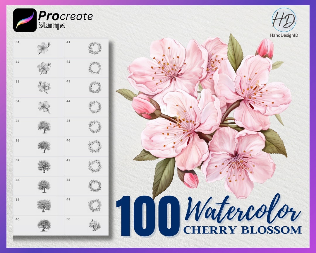 100 Watercolor Cherry Blossom Procreate Stamps (digital Download) - Etsy