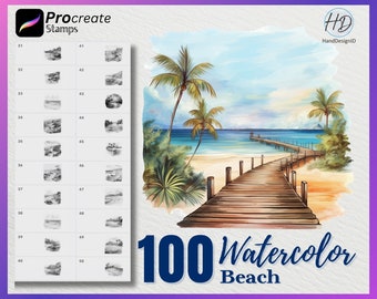 100 francobolli da spiaggia acquerello Procreate, francobolli da spiaggia per procreare, francobollo procreare spiaggia acquerello, francobolli Procreate acquerello