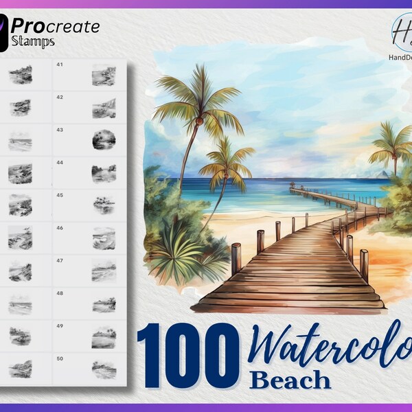 100 Procreate Watercolor Beach Stamps, Beach Stamps for procreate, Watercolor Beach procreate stamp, Watercolor Procreate Stamps