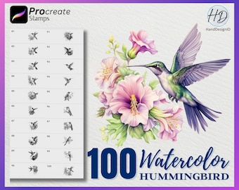 100 francobolli per colibrì acquerello Procreate, francobolli per uccelli per procreare, francobollo per procreare animali acquerello, francobolli per procreare acquerello