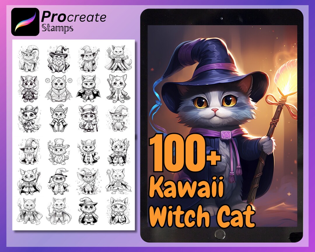 130 Procreate Kawaii Witch Cat Stamp, Procreate Cat Stamps, Kawaii Cat ...