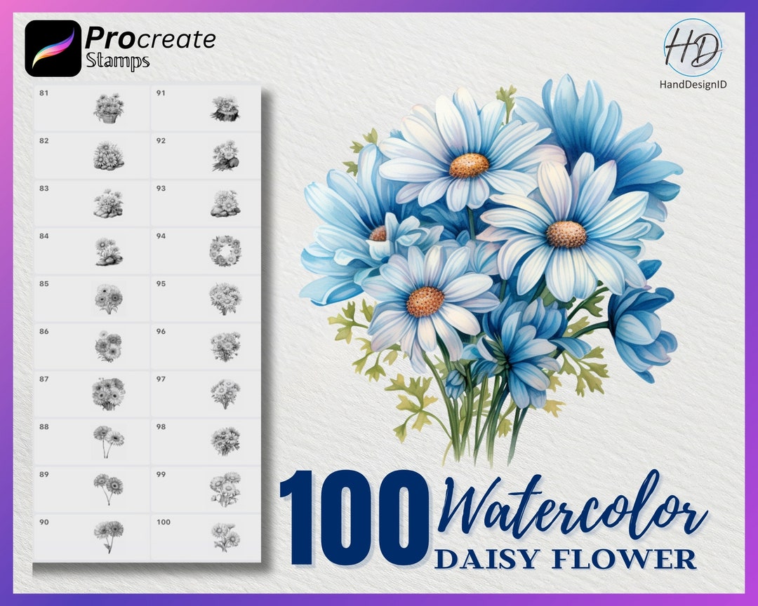 100 Watercolor Daisy Flower Procreate Stamps (digital Download) - Etsy