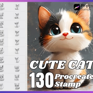 130 Procreate Cute Cat Stamps, Cute Cat brush for procreate, Cute Cat procreate stamps, Cute Cat stamp for procreate.