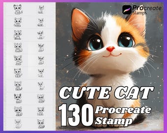 130 Procreate Cute Cat Stamps, Cute Cat brush for procreate, Cute Cat procreate stamps, Cute Cat stamp for procreate.