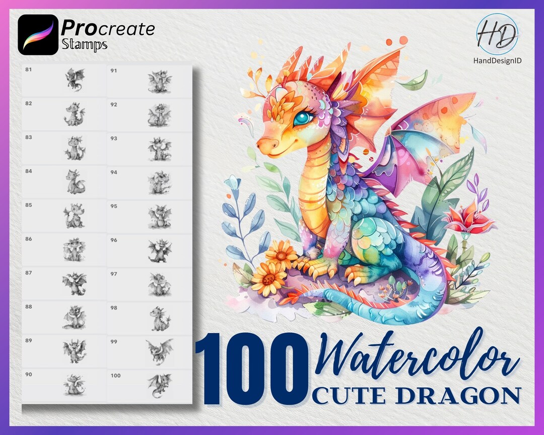 100 Procreate Watercolor Cute Dragon Stamps, Dragon Stamps for ...