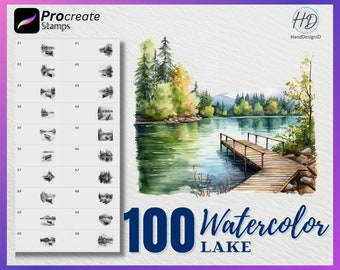 100 francobolli Procreate Lago acquerello, francobolli lago per procreare, francobollo procreare Lago acquerello, francobolli Procreate acquerello