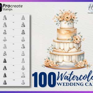 May include: 100 Watercolor Wedding Cake Procreate Stamps. A set of 100 digital stamps featuring watercolor illustrations of wedding cakes with various designs and tiers. The stamps are perfect for creating invitations, cards, and other wedding-themed projects.