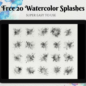 May include: A digital tablet screen displaying 20 black and white watercolour splatter designs. The text "Free 20 Watercolor Splashes" and "Super Easy To Use" is displayed at the top of the screen.