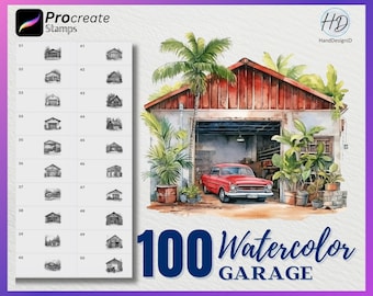 100 Procreate Watercolor Garage Stamps, Garage Stamps for procreate, Watercolor Garage procreate stamp, Watercolor Procreate Stamps