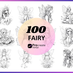 K&ouml;nnte beinhalten: Ein Set mit 100 Schwarzwei&szlig;-Feenillustrationen f&uuml;r Procreate. Die Feen sind in einem verspielten Stil mit flie&szlig;endem Haar und zarten Fl&uuml;geln gezeichnet. Das Set enth&auml;lt eine Vielzahl von Posen und Ausdr&uuml;cken.