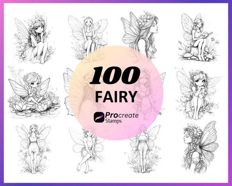 K&ouml;nnte beinhalten: Ein Set mit 100 Schwarzwei&szlig;-Feenillustrationen f&uuml;r Procreate. Die Feen sind in einem verspielten Stil mit flie&szlig;endem Haar und zarten Fl&uuml;geln gezeichnet. Das Set enth&auml;lt eine Vielzahl von Posen und Ausdr&uuml;cken.