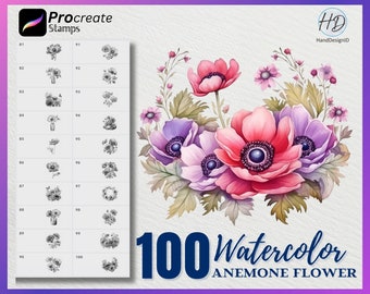 100 Procreate Watercolor Anemone flower Stamps, Flower Stamps for procreate, Watercolor Flower procreate stamp, Watercolor Procreate Stamps