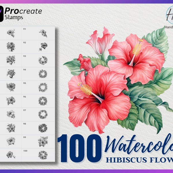 100 Procreate Watercolor Hibiscus Stamps, Hibiscus flower Stamps for procreate, Watercolor flower procreate stamp, Flower Procreate Stamp