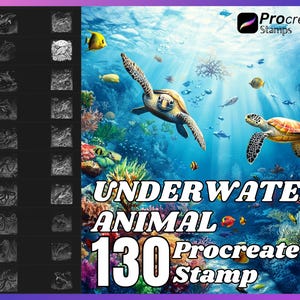 May include: A digital illustration of 130 underwater animal Procreate stamps. The image features a variety of sea creatures, including fish, sea turtles, and jellyfish, set against a vibrant blue ocean background.
