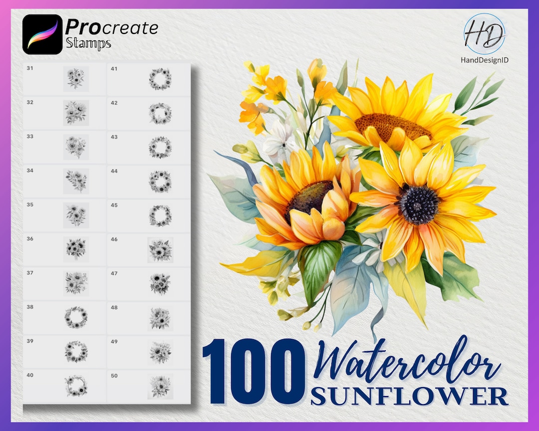 100 Watercolor Sunflower Procreate Stamps (digital Download) - Etsy
