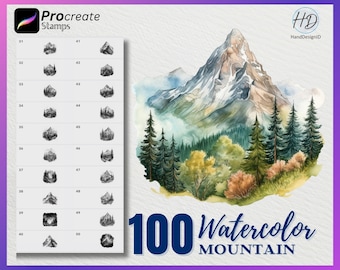 100 Watercolor Mountain Procreate Stamps (Digital Download)