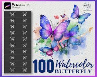 100 Watercolor Butterfly Procreate Stamps (Digital Download)