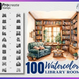 May include: A watercolor illustration of a library room with a couch, a coffee table, bookshelves, and plants. The room is painted in warm tones with a window overlooking a garden. The text "100 Watercolor Library Room" is written in blue letters at the bottom of the image.