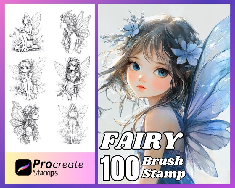 K&ouml;nnte beinhalten: Ein Set mit 100 digitalen Pinsel- und Stempel-Assets f&uuml;r Procreate. Das Bild zeigt eine Sammlung von Schwarzwei&szlig;-Zeichnungen von Feen mit Fl&uuml;geln, Blumen und anderen fantasievollen Details. Der Text "FAIRY 100 Brush Stamp" ist in wei&szlig;en Buchstaben auf blauem Hintergrund dargestellt.