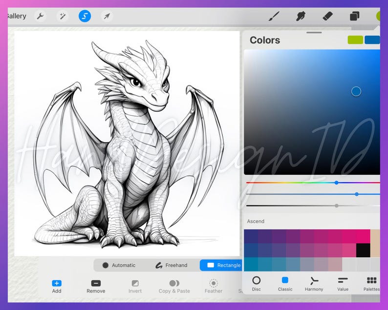May include: A black and white line drawing of a small dragon with wings spread out. The dragon is sitting on its haunches with its head tilted to the side. The image is in a digital art program with a color palette and tools visible on the right side of the screen.