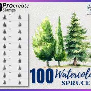 May include: A set of 100 watercolor spruce tree stamps for Procreate. The stamps are in black and white and show different sizes and shapes of spruce trees. The image also shows three watercolor spruce trees in green and brown.