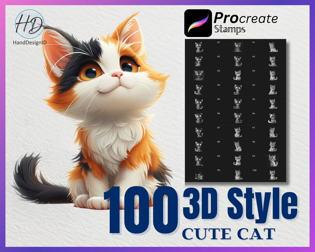 100 3D Cute Cat Procreate Stamps, 3D Cat Stamps for Procreate, Animal ...