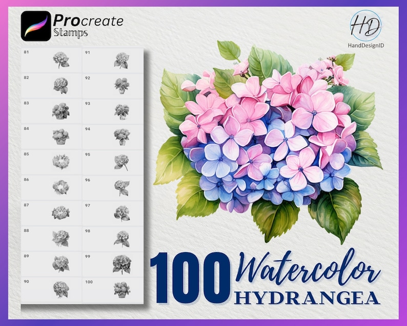 100 Procreate Watercolor Hydrangea Stamps, Flower Stamps for procreate, Watercolor Flower procreate stamp, Watercolor Procreate Stamps image 1