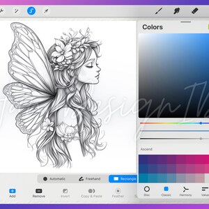 K&ouml;nnte beinhalten: Eine Schwarzwei&szlig;-Zeichnung einer Fee mit Fl&uuml;geln, Blumen im Haar und einem flie&szlig;enden Kleid. Das Bild befindet sich in einem digitalen Kunstprogramm mit einer Farbpalette und sichtbaren Werkzeugen.