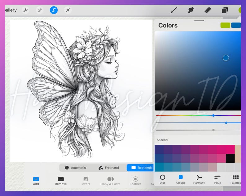 K&ouml;nnte beinhalten: Eine Schwarzwei&szlig;-Zeichnung einer Fee mit Fl&uuml;geln, Blumen im Haar und einem flie&szlig;enden Kleid. Das Bild befindet sich in einem digitalen Kunstprogramm mit einer Farbpalette und sichtbaren Werkzeugen.
