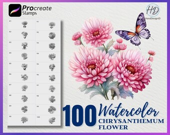 100 Watercolor Chrysanthemum Flower Procreate Stamps (Digital Download)