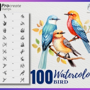 May include: A set of 100 watercolor bird illustrations, perfect for digital art and design projects. The illustrations feature a variety of bird species in different poses and colors. The image shows three birds perched on a branch, including a blue bird, a yellow bird, and a red bird.