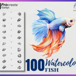 May include: 100 watercolor fish illustrations for Procreate. The image shows a colorful betta fish with blue, orange, and yellow scales. The text "100 Watercolor Fish" is in large blue letters.