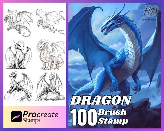 100 Dragon Procreate Stamps, Brush Procreate stamp (Digital Download)
