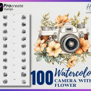 May include: A set of 100 watercolor camera and flower illustrations. The illustrations are in black and white and feature a vintage camera with flowers.