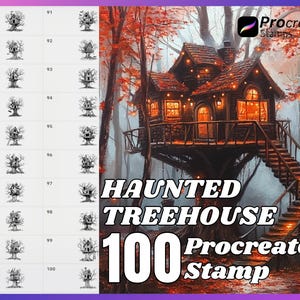May include: A set of 100 Procreate stamps featuring a black and white illustration of a haunted treehouse. The stamps are numbered 81-100. The image also shows a large, colorful illustration of a haunted treehouse with glowing windows and a staircase.