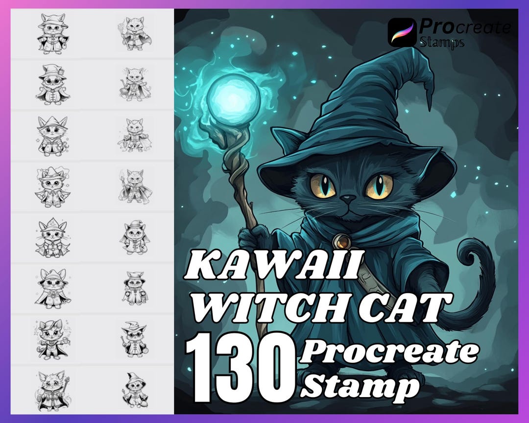 130 Kawaii Witch Cat Procreate Stamps (digital Download) - Etsy
