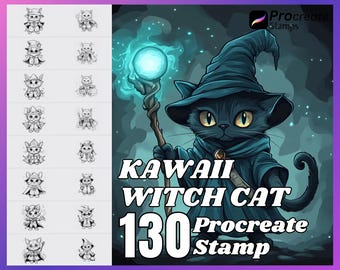 130 Kawaii Witch Cat Procreate Stamps (Digital Download)