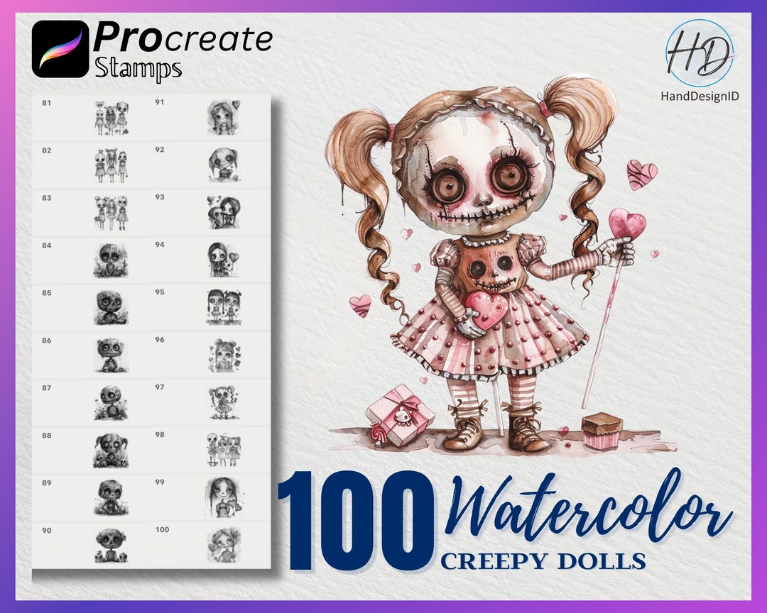 100 Watercolor Creepy Dolls Procreate Stamps (digital Download) - Etsy
