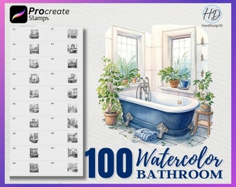 100 Procreate Watercolor Bathroom Stamps, Bathroom Stamps for procreate, Watercolor Bathroom procreate stamp, Watercolor Procreate Stamps