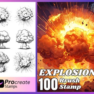 Może przedstawiać: Zestaw 100 stempli Procreate z efektami eksplozji. Stempelki to czarno-białe rysunki różnych kształtów eksplozji. Obraz przedstawia również kolorową cyfrową ilustrację dużej eksplozji.