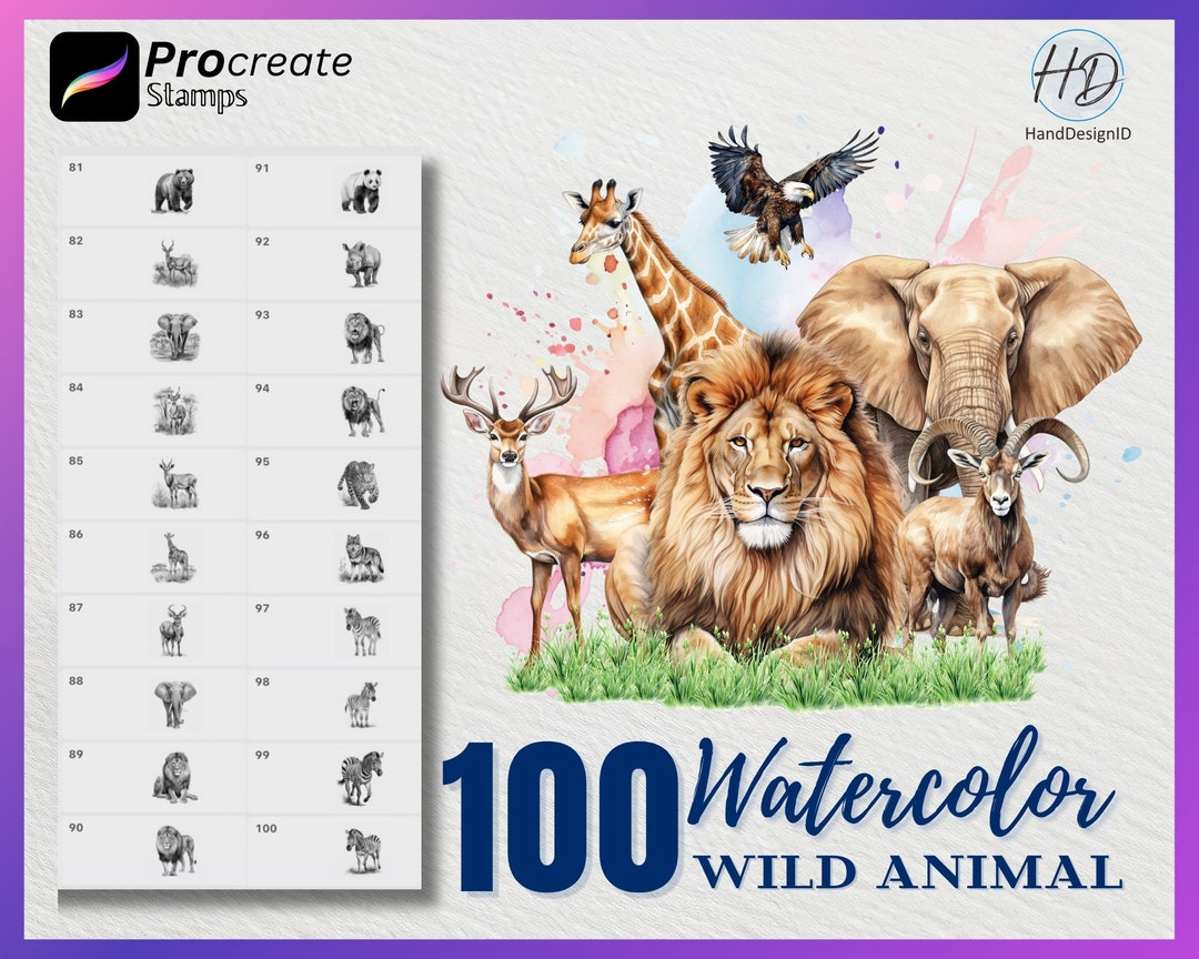 100 Watercolor Wild Animal Procreate Stamps (digital Download) - Etsy